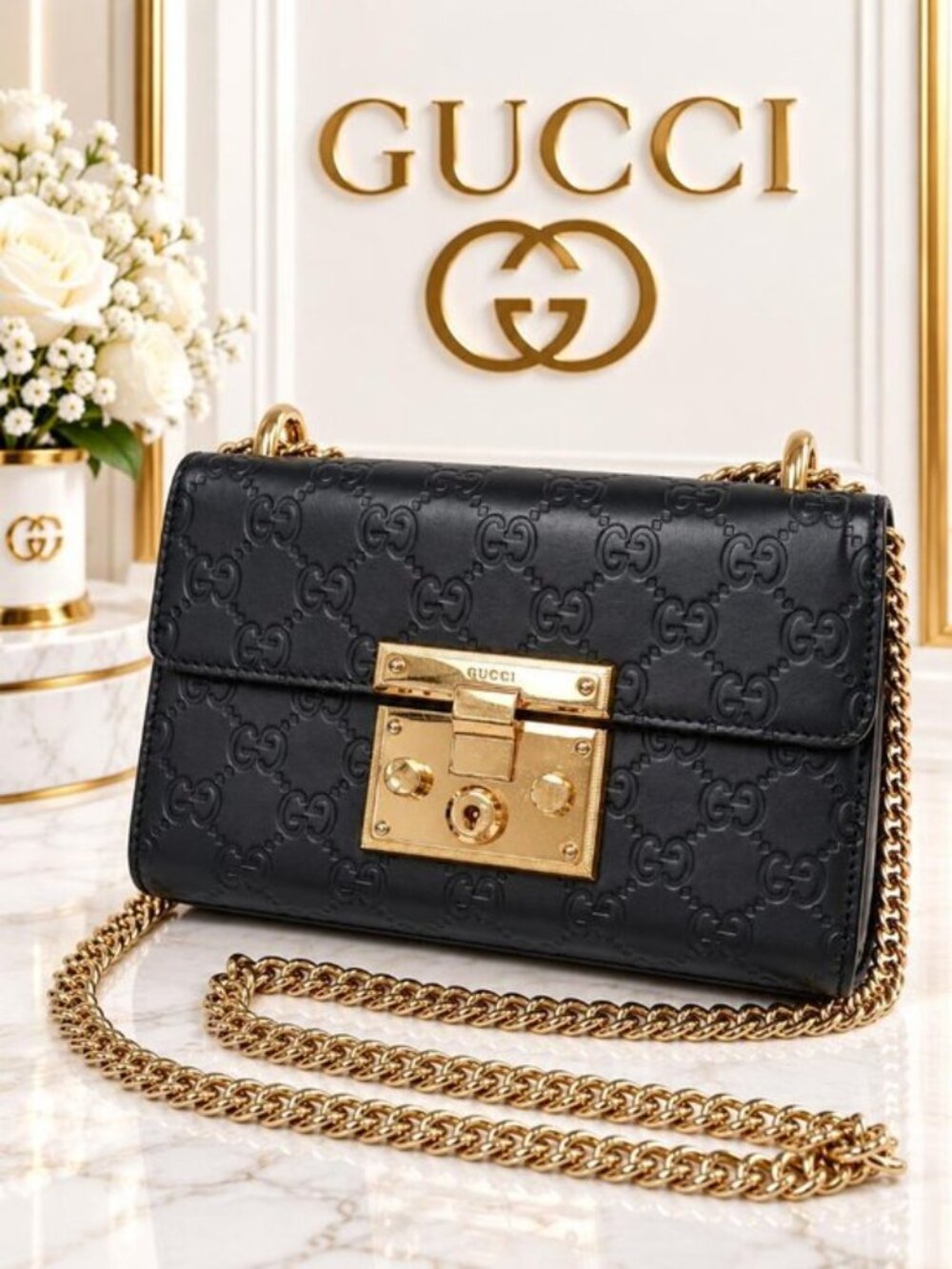 Authentic Gucci Padlock Black Guccissima Leather Gold Chain Crossbody Bag